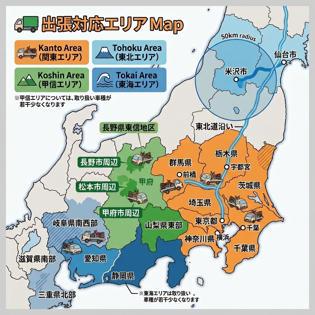 出張対応エリアの地図（関東・甲信・東海・東北）