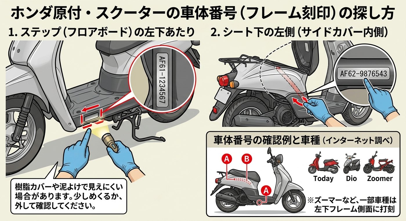 ホンダ原付・スクーターの車体番号の探し方