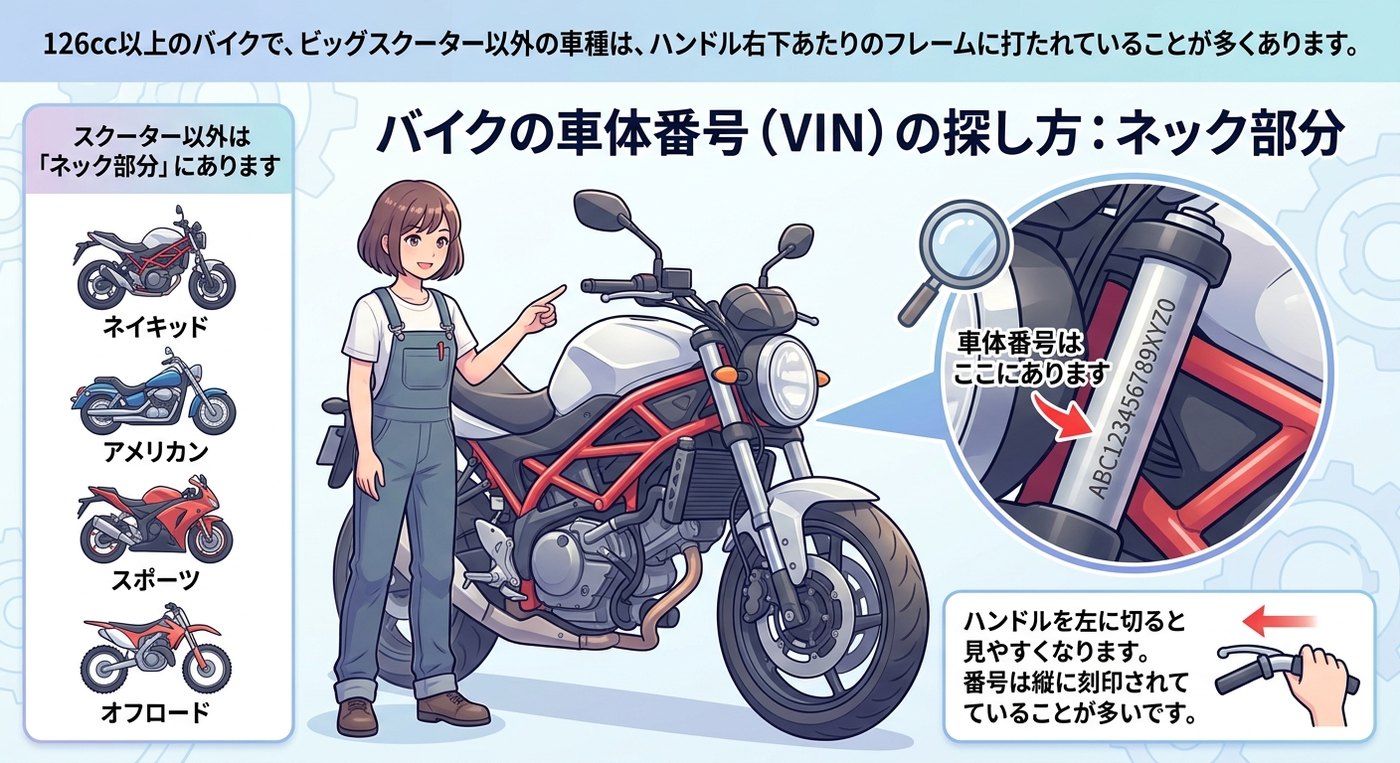 ネイキッド・アメリカン・スポーツ・オフロードの車体番号はネック部分にあります