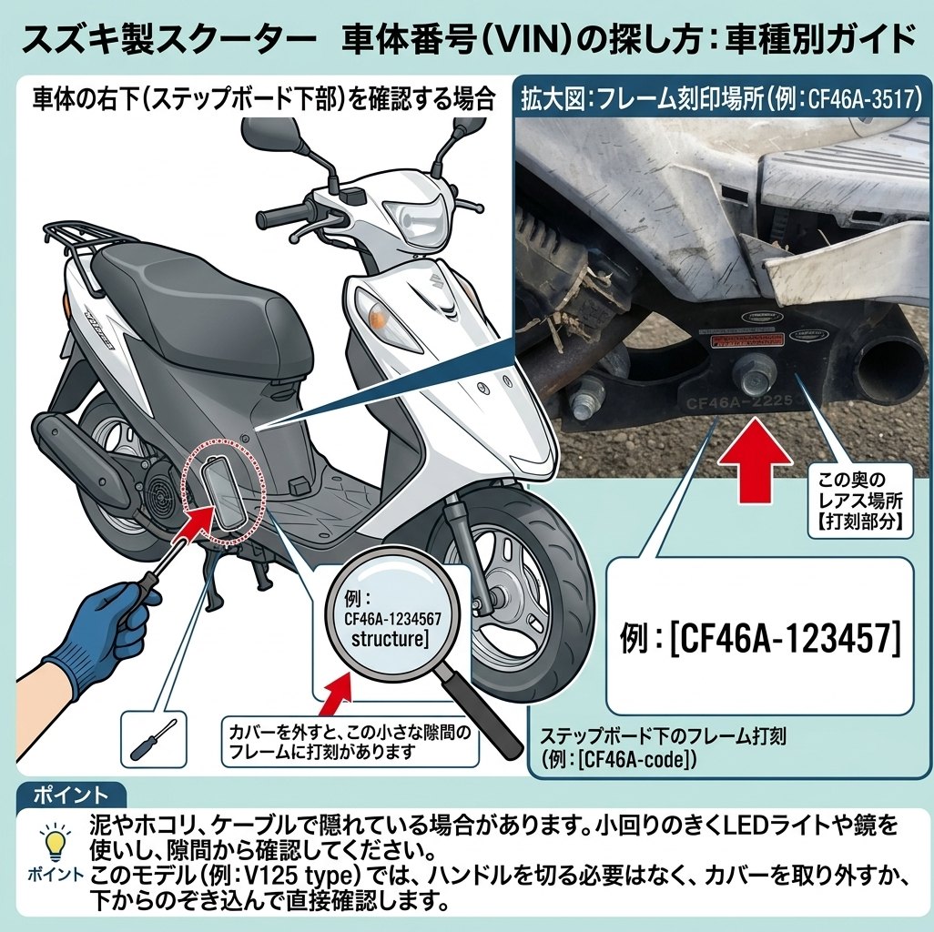 スズキ製スクーターの車体番号の探し方